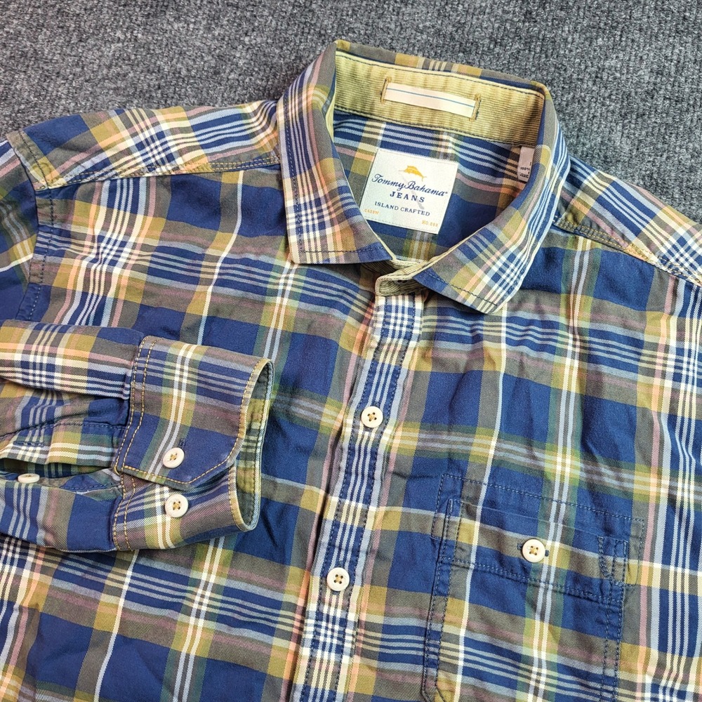 Tommy Bahama Jeans Mens Medium Blue Green Plaid Long Sleeve Button Down Shirt‎